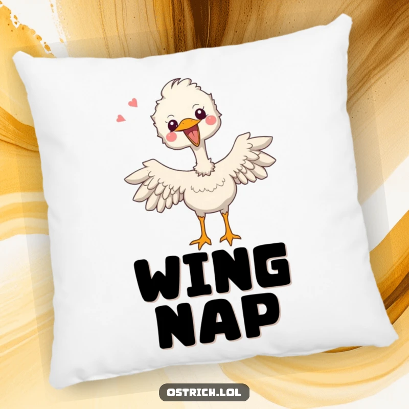 Funny pillow showcasing a joyful ostrich character happily flapping its tiny wings with infectious excitement.