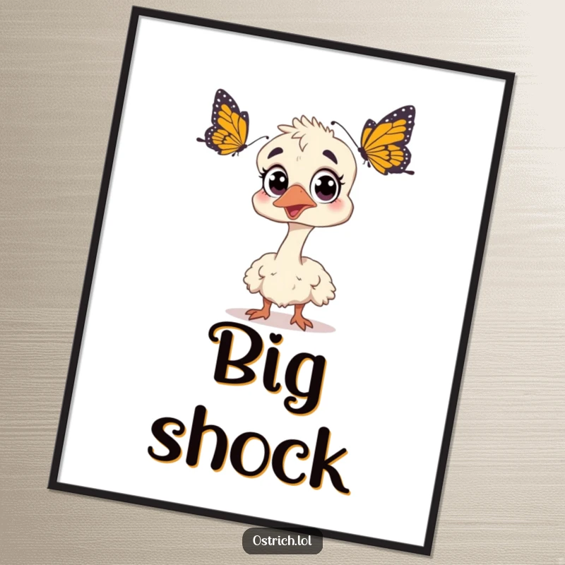 Funny ostrich illustration, wide-eyed and startled by a butterfly, a humorous digital art print for instant download and decor, perfect gift.