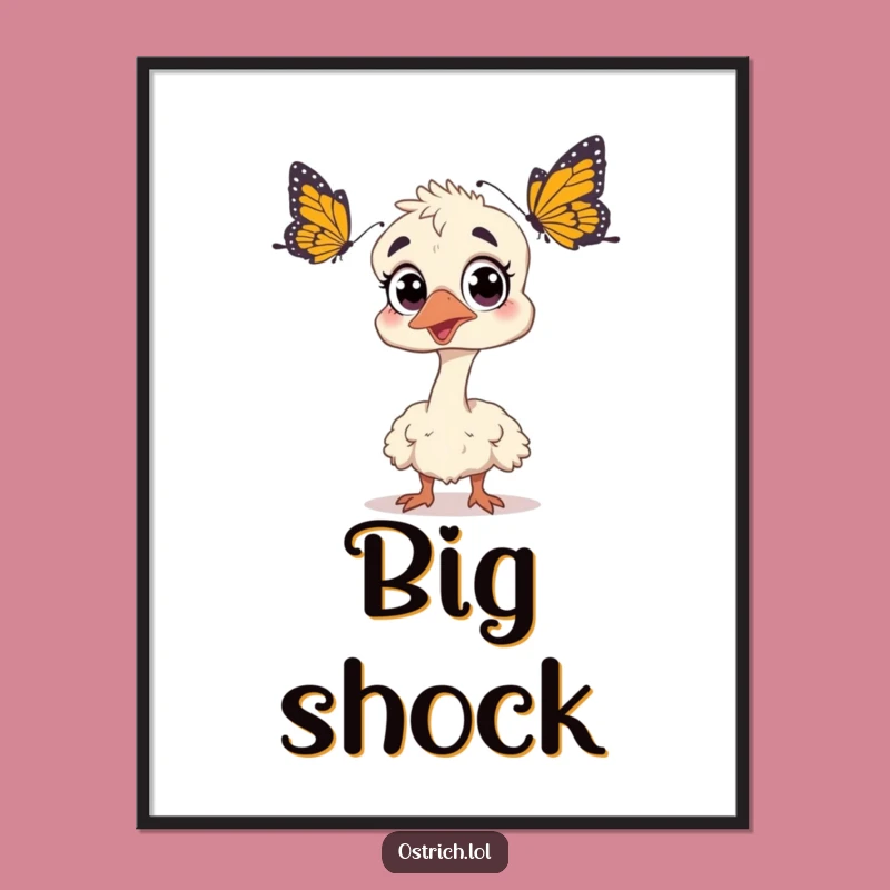 Funny Surprised Ostrich Digital Art: Startled Butterfly Print Decor