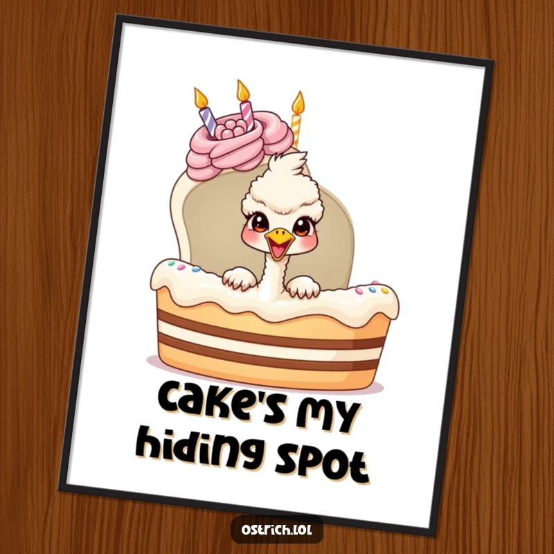 Funny ostrich popping out of a birthday cake as digital art, a vibrant and humorous instant gift.