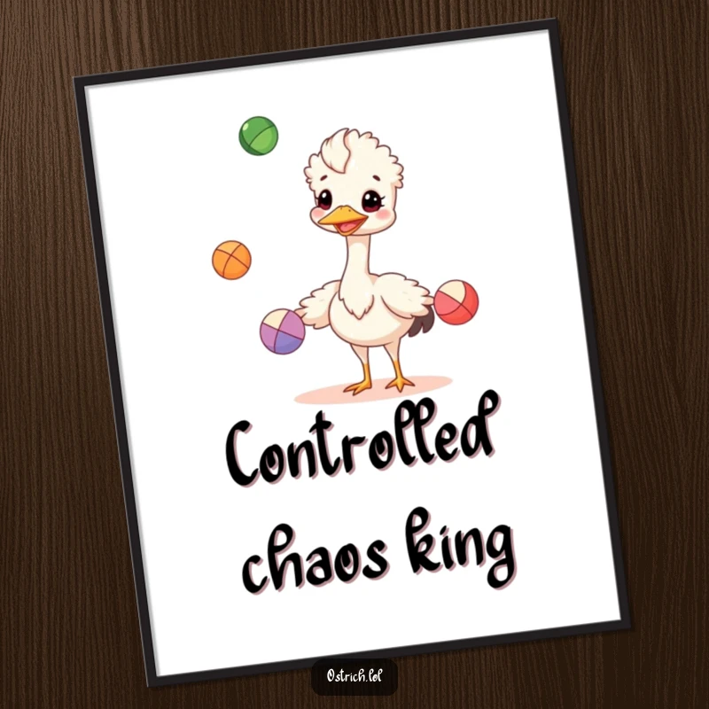 Funny cheerful ostrich juggling colorful balls as digital art, a vibrant and humorous instant funny gift.