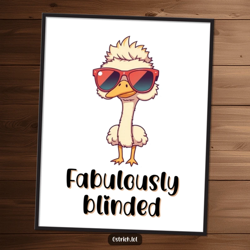 Funny ostrich wearing oversized sunglasses as digital art, a stylish and humorous instant funny gift.
