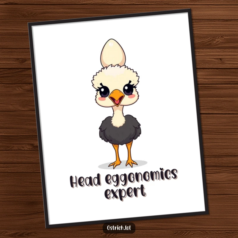 Funny digital art print of an ostrich character comically balancing an egg on its head, full of personality.