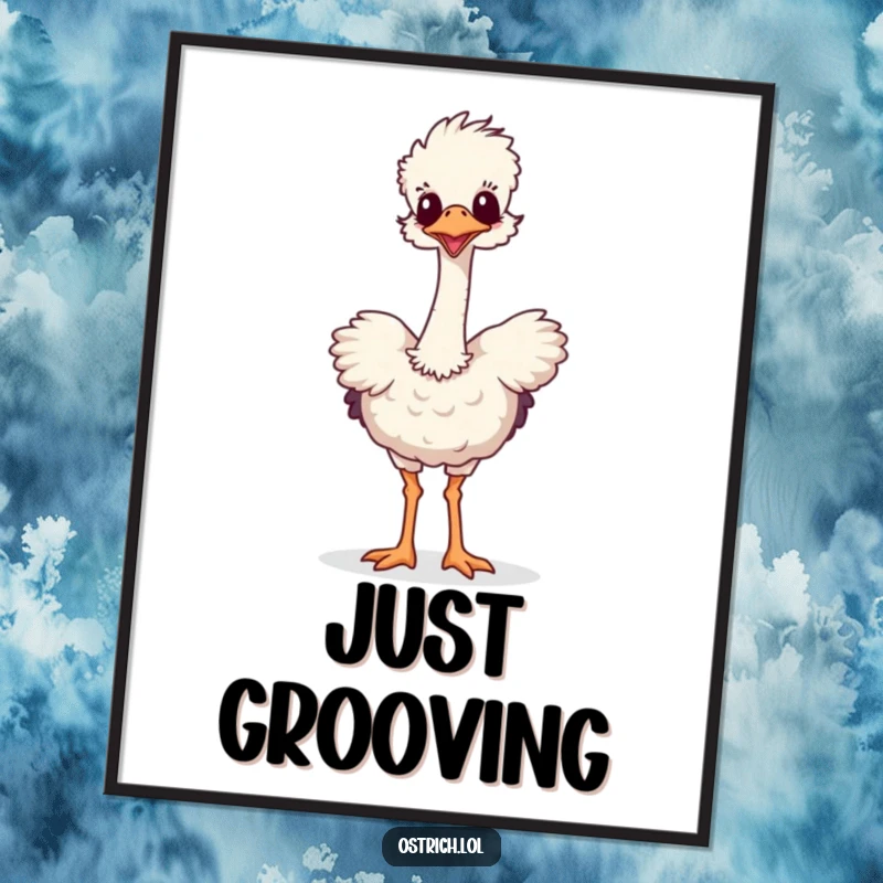 Funny digital art print of a long-necked ostrich in a silly, joyful dance. High-resolution and printable for immediate humorous decor.