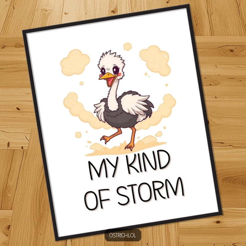 Funny ostrich character vigorously kicking up dust, created as a digital art print, conveying pure, hilarious, high-energy avian fun.