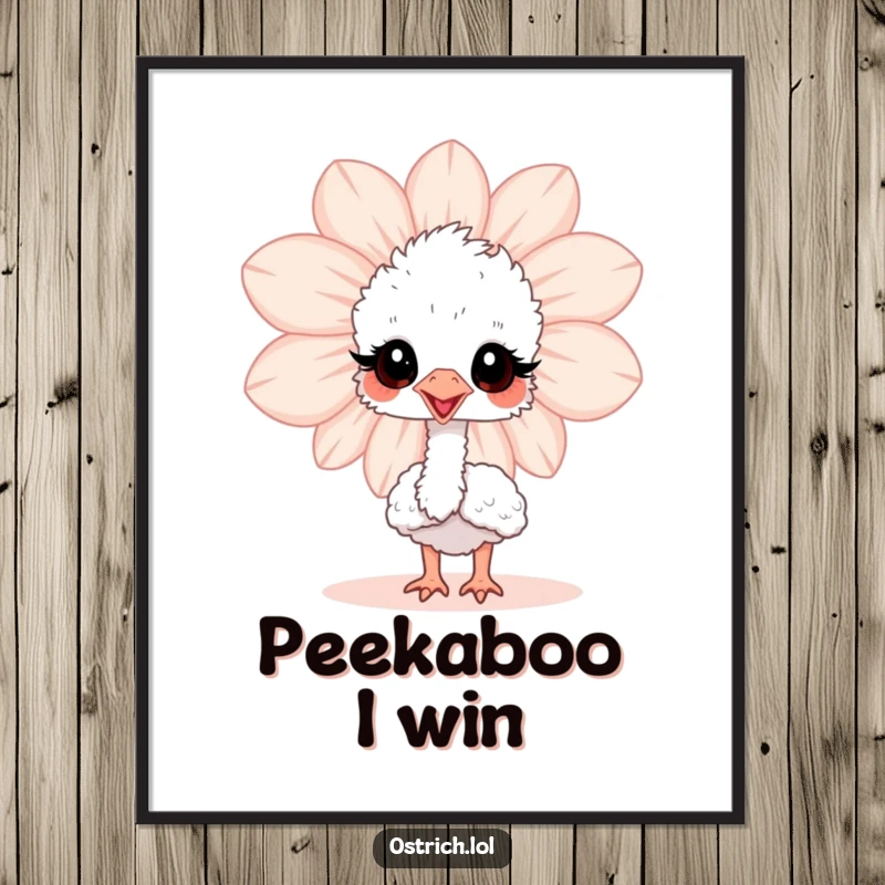 Funny baby ostrich peeking playfully from behind a giant flower, a charming digital art print for instant download and display.