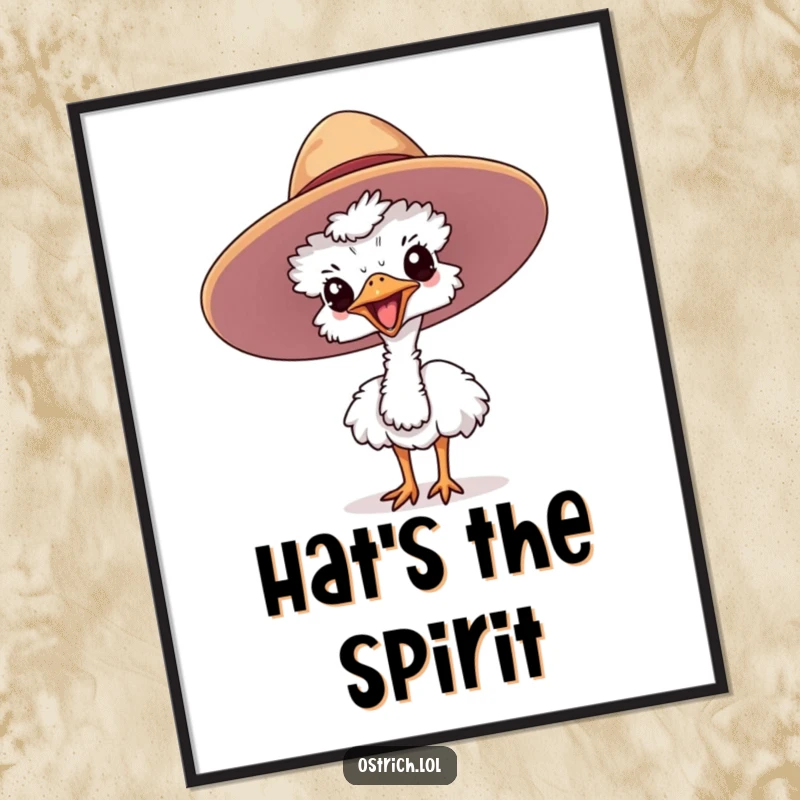 Funny ostrich digital art print showing a cute character joyfully sticking its head out of a large hat, instant decor.