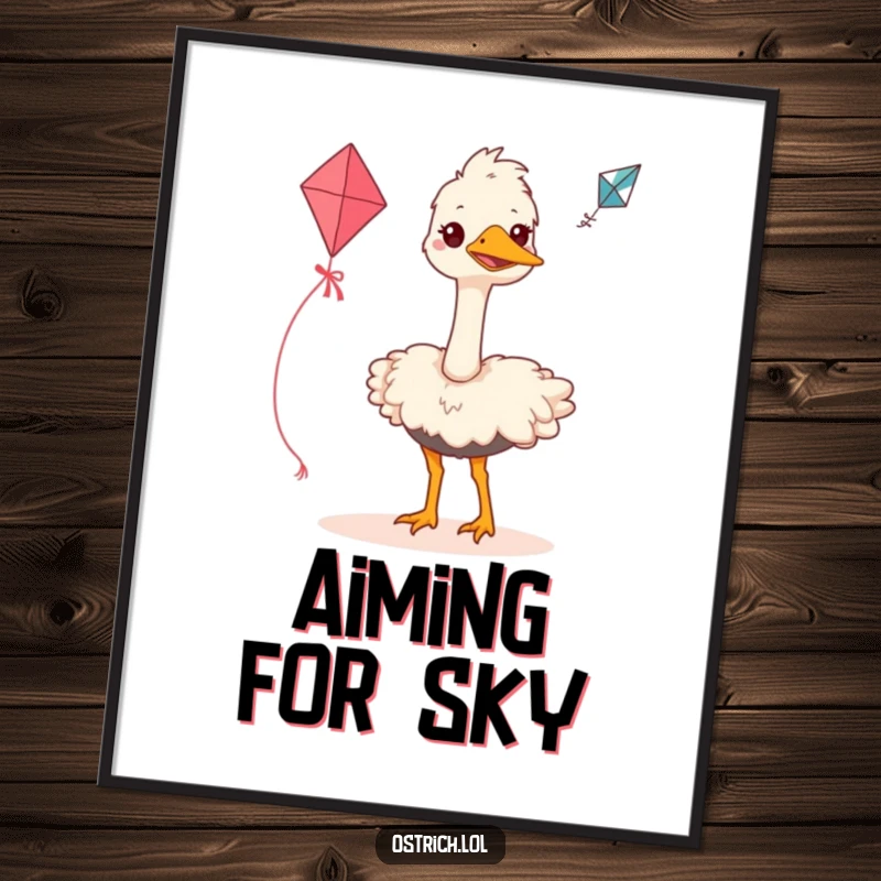 Funny ostrich digital art print of a grinning bird earnestly trying to fly a small kite, symbolizing determination and humor on your wall.