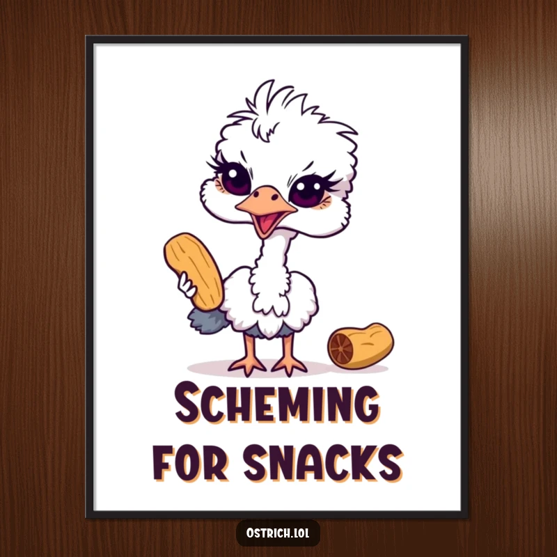 Funny ostrich digital art print of a mischievous bird intently focused on stealing a peanut, creating a humorous and engaging scene.