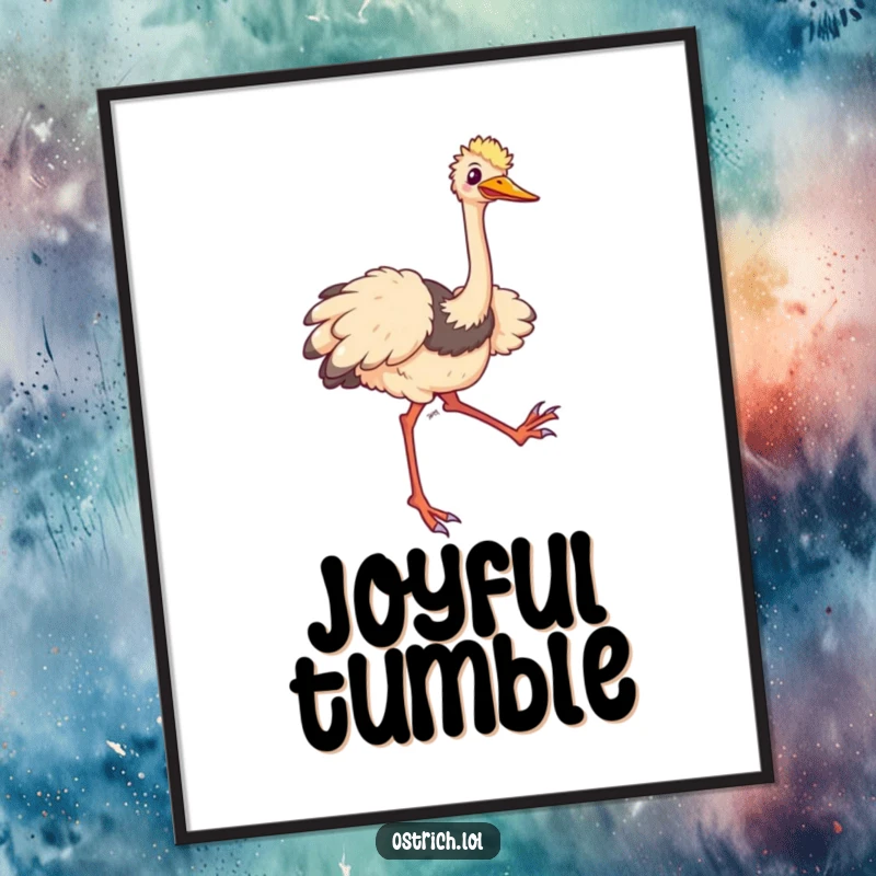 Funny ostrich digital art print showing a comical character tripping and flailing its long legs happily, instant decor.
