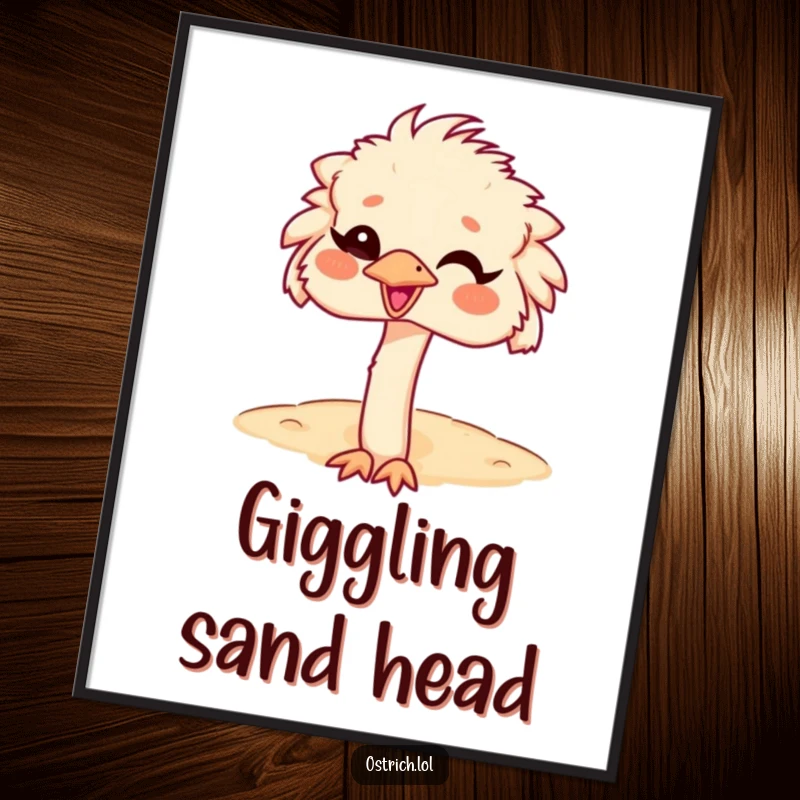Funny Ostrich Head in Sand Digital Art Print, a character giggling while its head is buried, spreading humor.