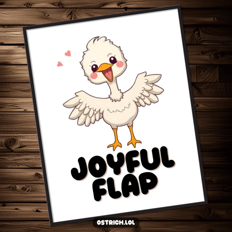 Funny digital art print of a joyful ostrich character enthusiastically flapping its tiny wings with infectious excitement.