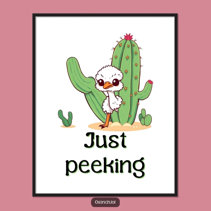 Funny Curious Ostrich Digital Art: Desert Cactus Peek Print for Decor