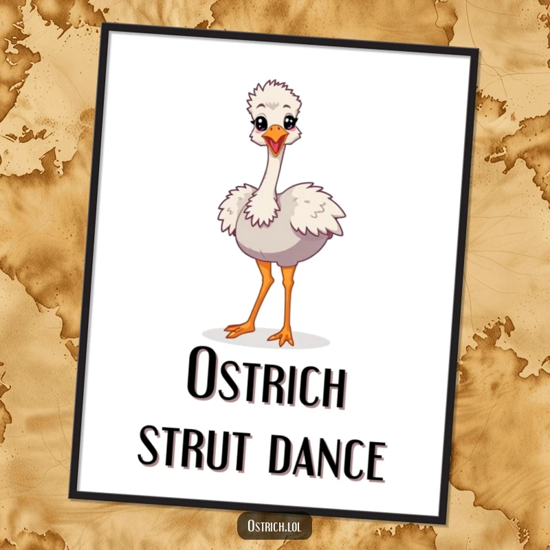 Funny Cartoon Ostrich Digital Art Print, a character performing a silly strut with confidence and humor.