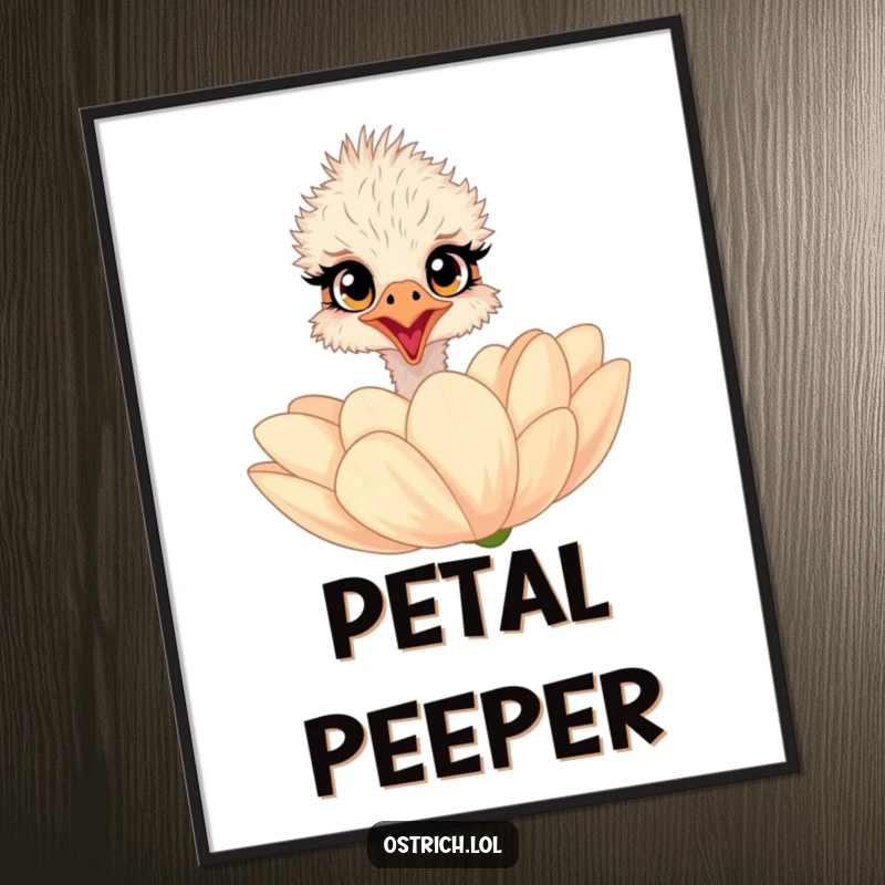 Funny ostrich digital art print showing a surprised character with wide eyes peeking over a giant flower, instant decor.