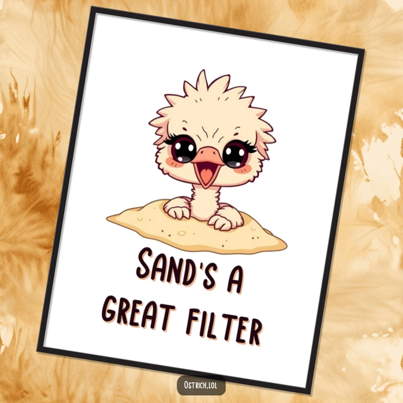 Funny ostrich character with head buried in sand, eyes peeking out in surprise, created as humorous digital art.