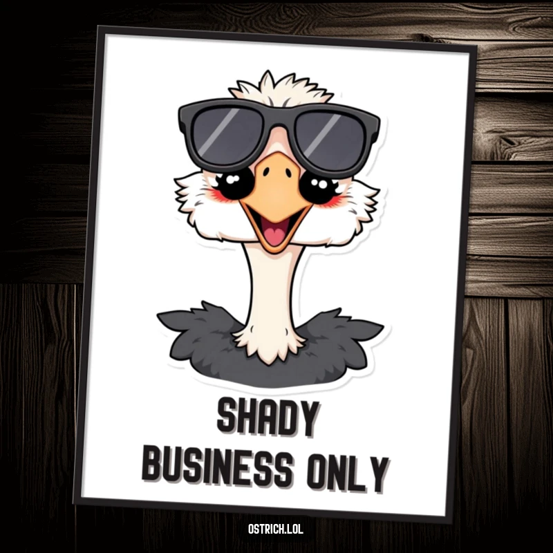 Funny ostrich digital art print of a cool bird wearing oversized sunglasses and a wide grin, radiating positivity and humor on your wall.