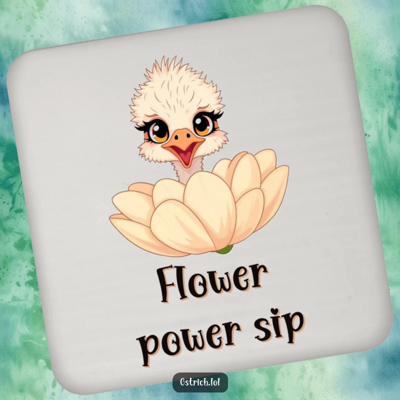 Funny ostrich coasters depicting a surprised character with wide eyes peeking over a giant flower, protecting surfaces charmingly.