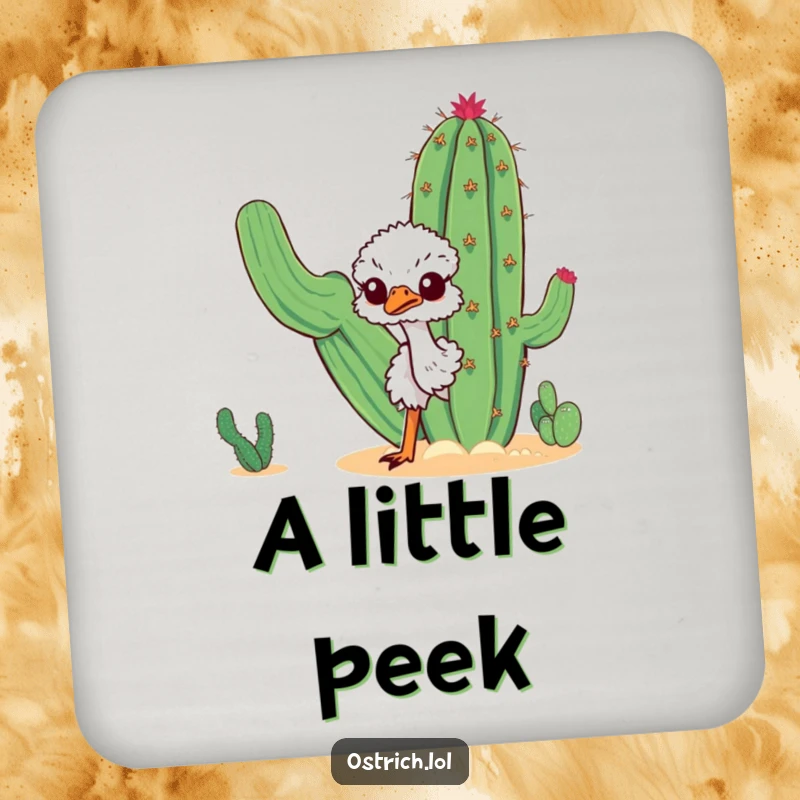Funny curious ostrich peeking around a desert cactus on a drink coaster, adding a touch of desert humor to your tabletop, nice gift.