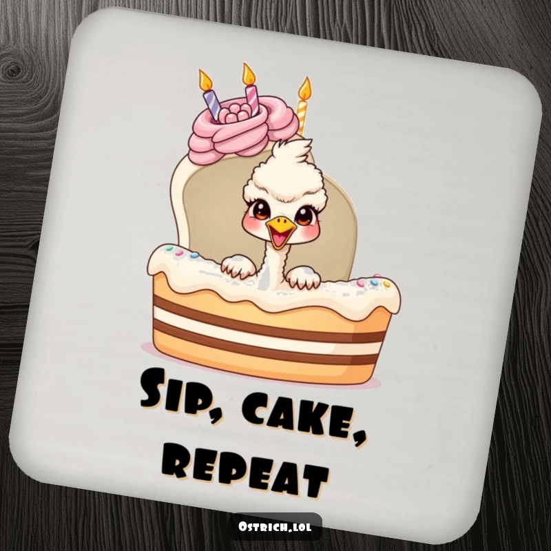 Funny ostrich peeking from a birthday cake on a drink coaster, a small but humorous funny gift.