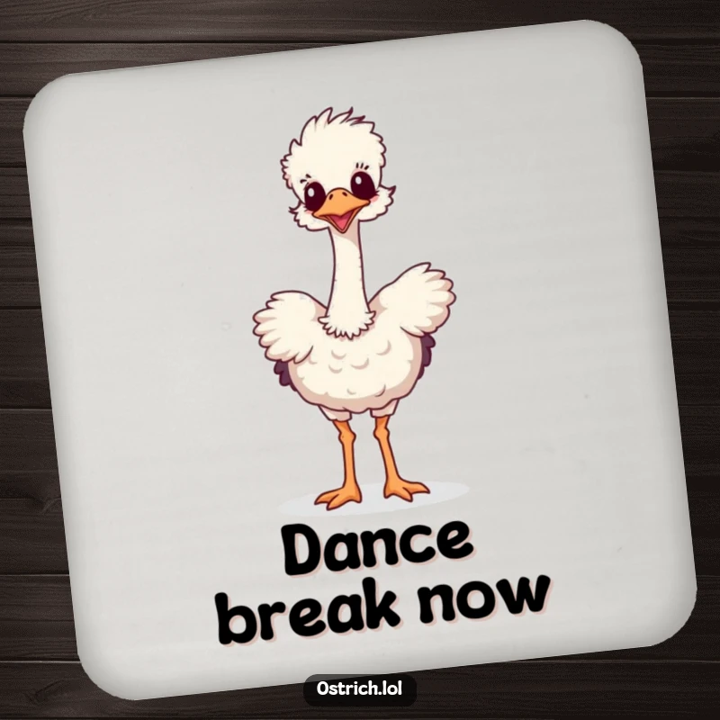 Funny drink coasters featuring a long-necked ostrich in a humorous, energetic dance. Protects furniture with a smile.
