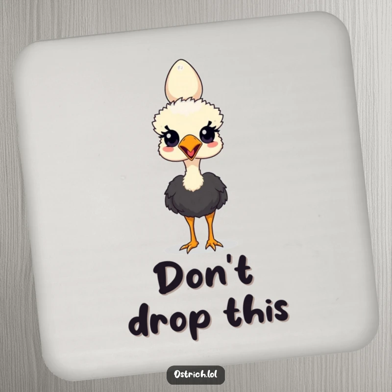 Funny drink coaster featuring an ostrich character maintaining perfect balance with an egg on its head.