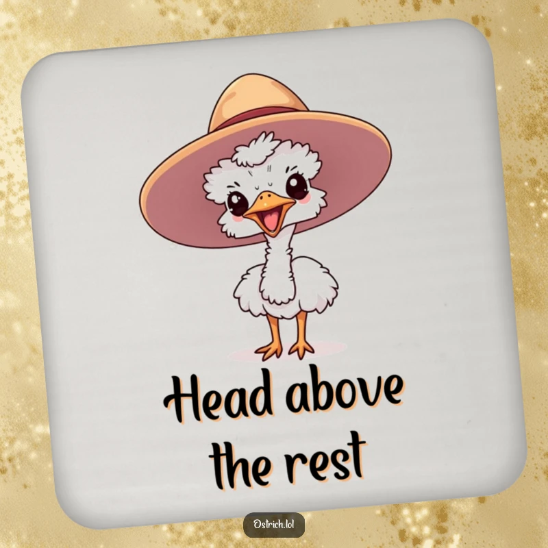 Funny ostrich coasters depicting a cute character joyfully emerging from a large hat, protecting surfaces with humor.