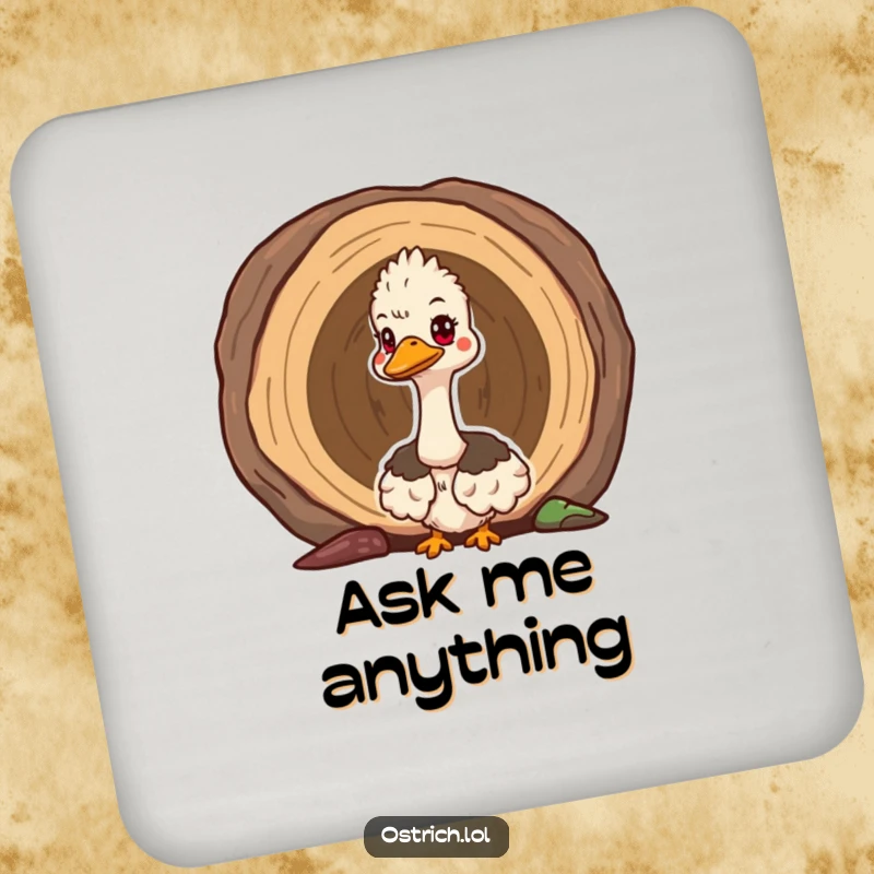 Funny cute ostrich peeking out of a hollow log on a drink coaster, adding a touch of curious humor to beverage service.
