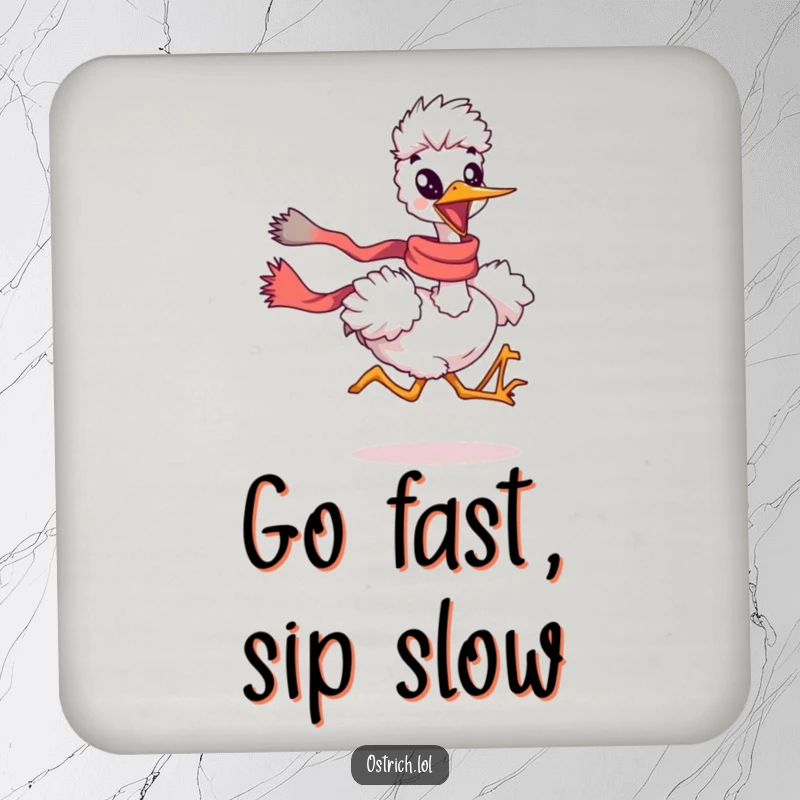 Funny ostrich running with a scarf flowing on a drink coaster, a small but humorous funny gift.