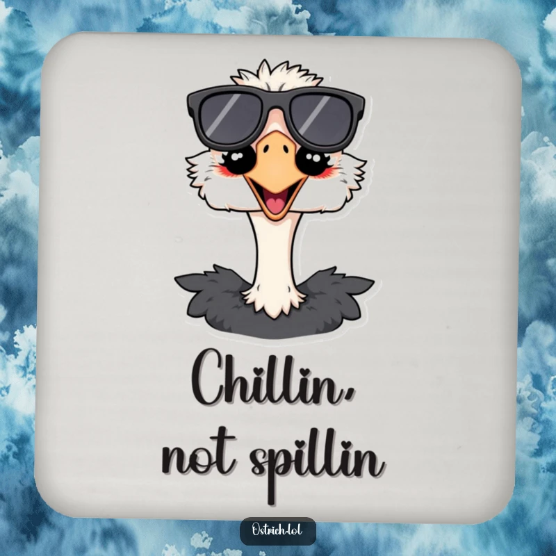 Funny ostrich coaster featuring a grinning bird in oversized sunglasses, protecting tables from drinks with a stylish and humorous flair.
