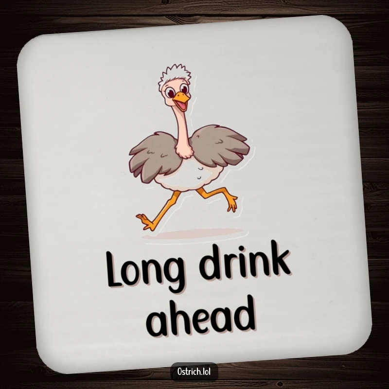 Funny Ostrich Stride Coaster Set: A happy ostrich character taking a huge stride. Protects surfaces with motivational humor. Home accessory.
