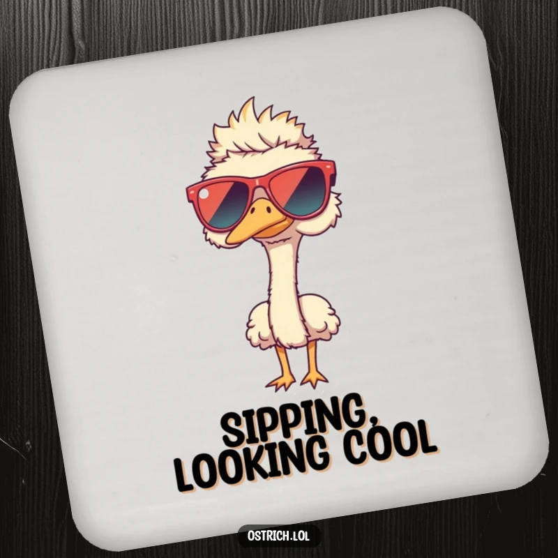 Funny ostrich wearing oversized sunglasses on a drink coaster, a small but humorous funny gift.