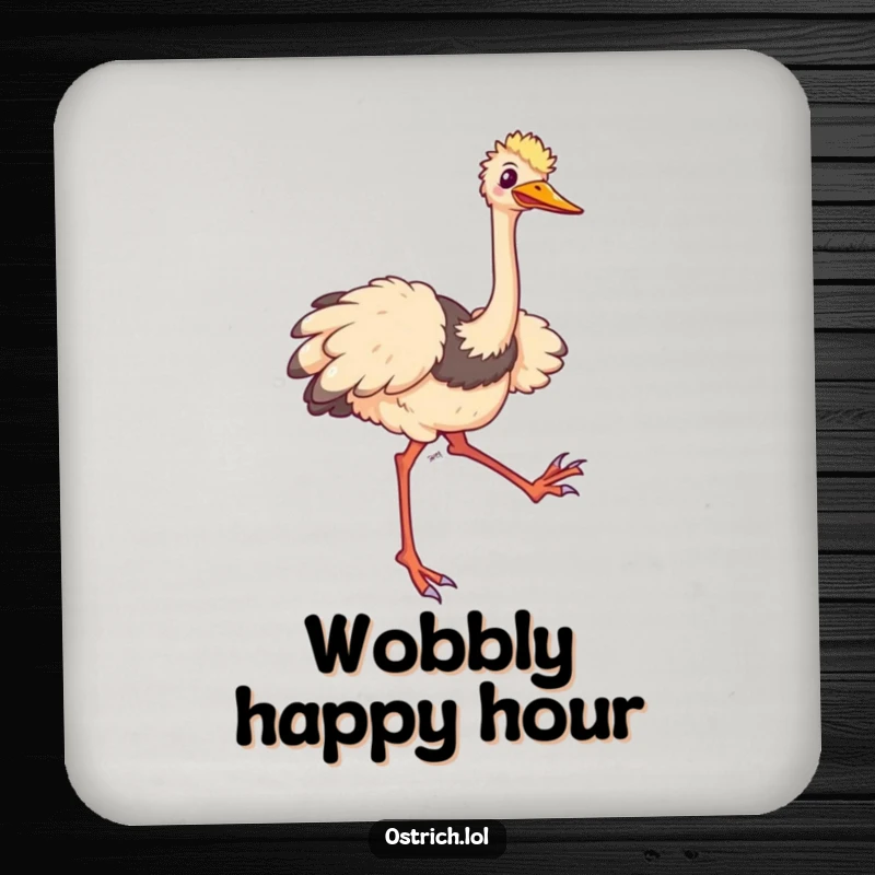 Funny ostrich coasters depicting a comical character tripping and flailing its long legs happily, protecting surfaces humorously.