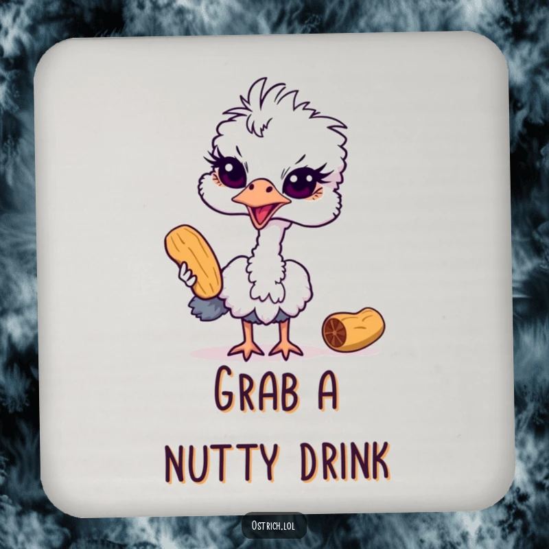 Funny ostrich coaster featuring a mischievous bird attempting to steal a peanut, providing surface protection with a humorous and cunning design.