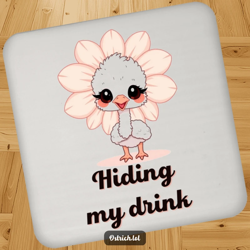 Funny baby ostrich peeking from behind a flower on a drink coaster, adding a touch of humor to beverage service.