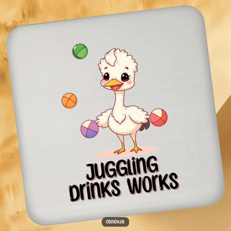 Funny cheerful ostrich juggling colorful balls on a drink coaster, a small but humorous funny gift.