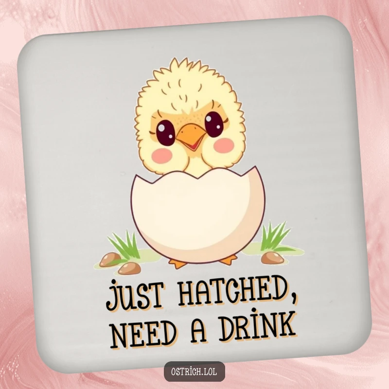 Funny, cute ostrich chick peeking out from behind a large egg, showcased on a charming and humorous drink coaster.