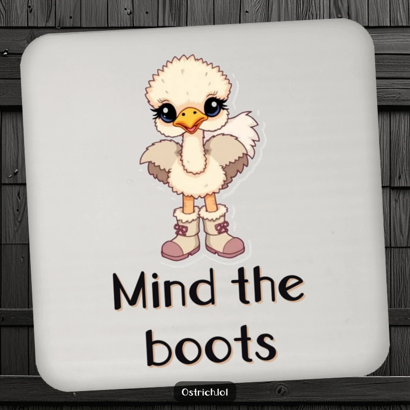 Funny drink coaster featuring a baby ostrich character wearing comically oversized boots.