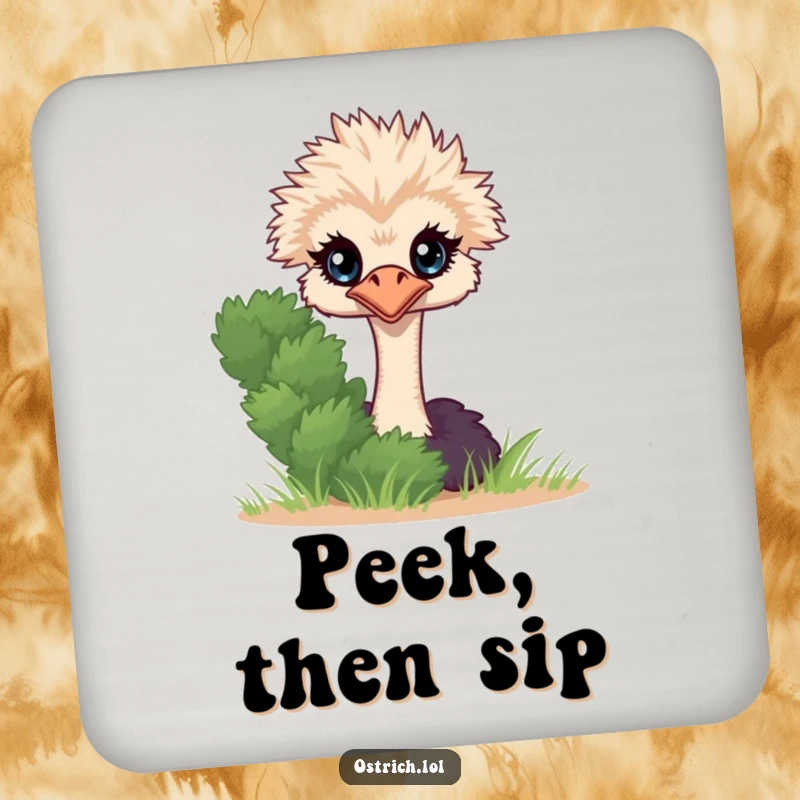 Funny Ostrich Peeking Coaster, a shy character peeking out to protect surfaces with a humorous vibe.