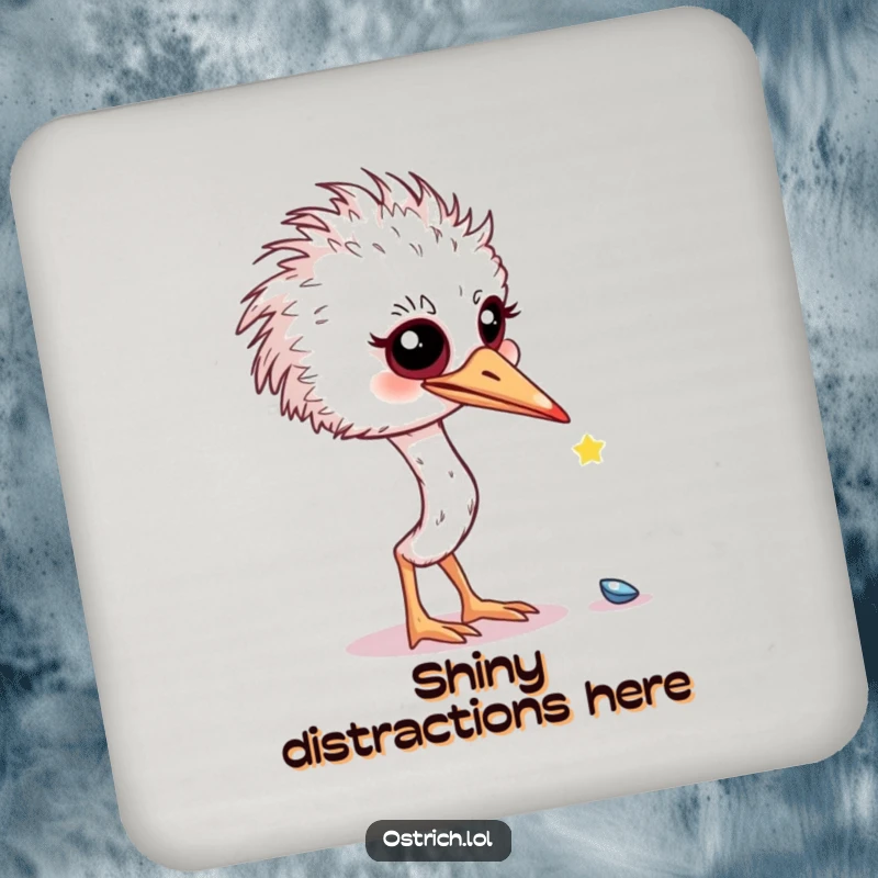 Funny curious ostrich looking at a shiny object on a drink coaster, a small but humorous funny gift.