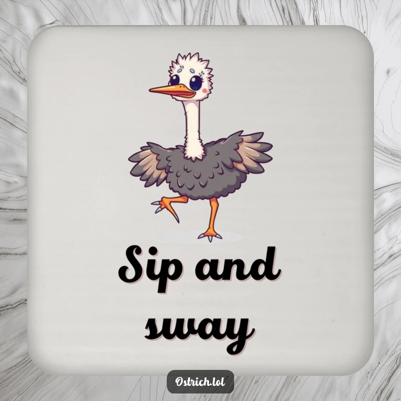 Funny ostrich coaster featuring an excited bird doing a happy jig, its long neck moving joyfully, offering surface protection with a cheerful design.