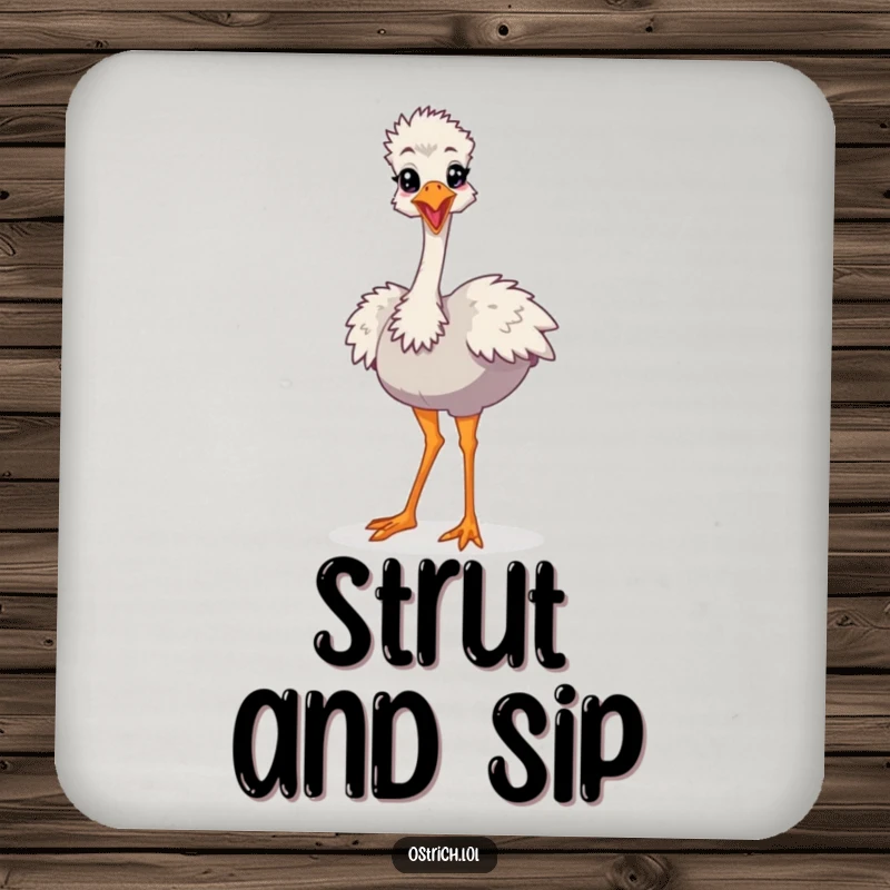 Funny Cartoon Ostrich Coaster, a character doing a silly strut, offering humorous surface protection.