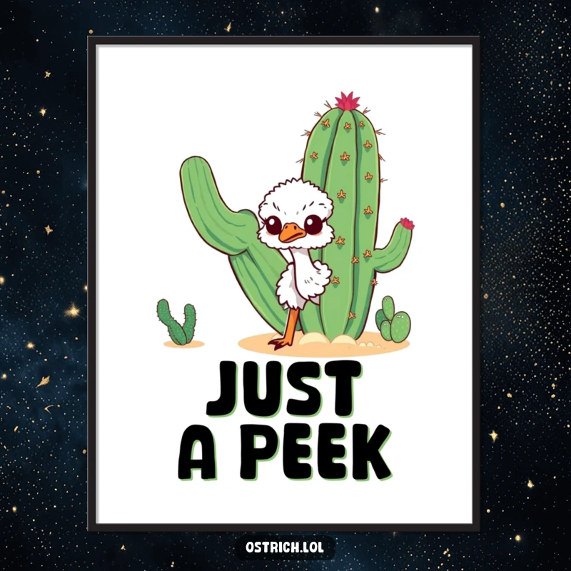 Funny curious ostrich art print peeking around a large desert cactus, capturing a moment of playful inquiry, perfect for wall decor.