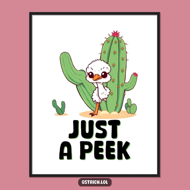 Funny Curious Ostrich Poster: Artistic Desert Cactus Peek Humor Decor