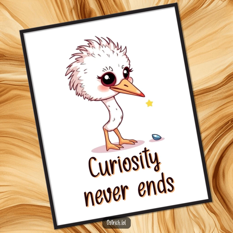 Funny curious ostrich examining a shiny object on a poster, a whimsical and humorous wall art funny gift.