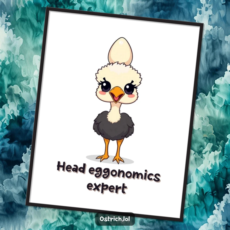 Funny poster displaying an ostrich character with impressive focus, balancing a large egg on its head.