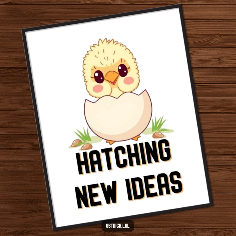 Funny, cute ostrich chick peeking out from behind a large egg, presented as charming and humorous wall art.