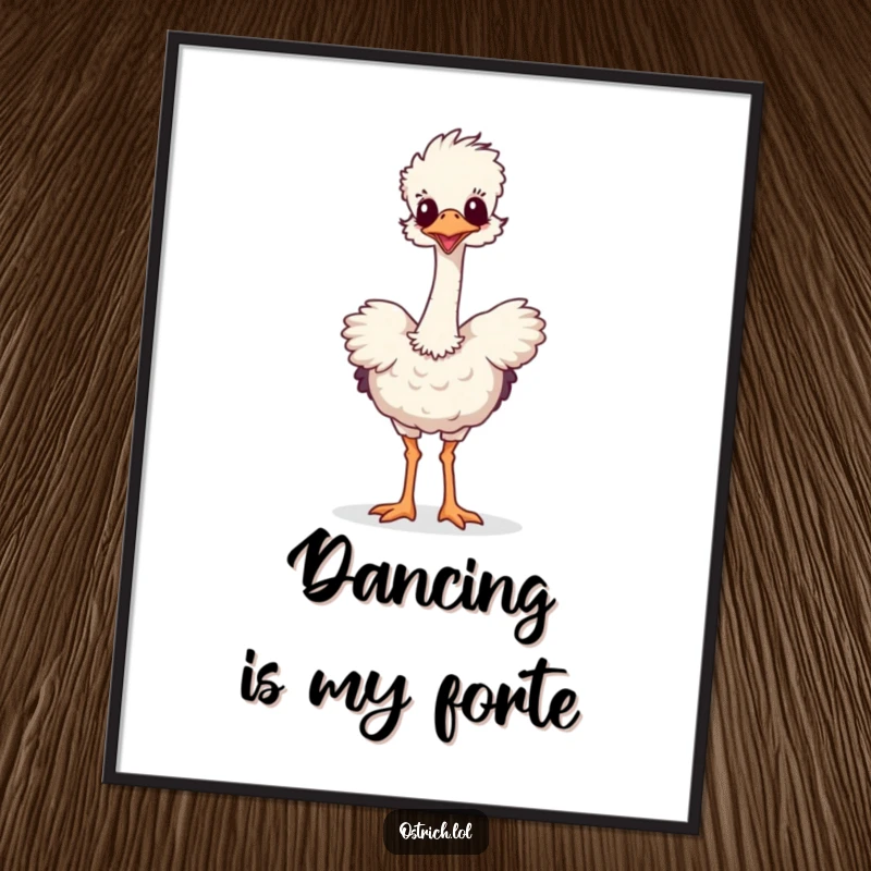 Funny poster print of a whimsical ostrich with a long neck doing a comical, energetic dance. Eye-catching and humorous wall decor.