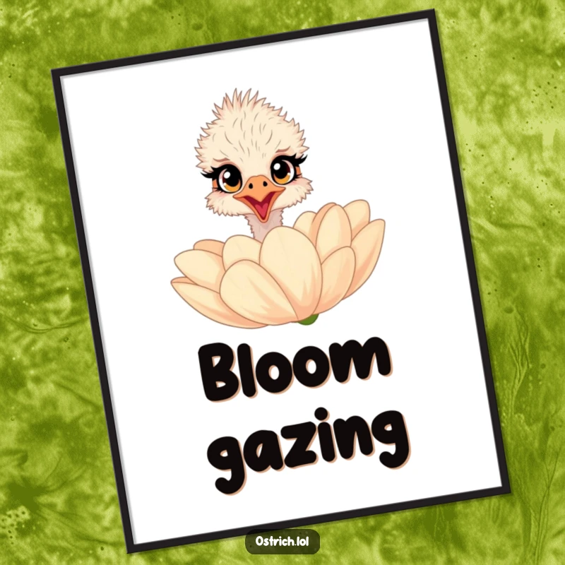 Funny ostrich poster showing a surprised character with wide eyes peeking over a giant flower, perfect wall decor.