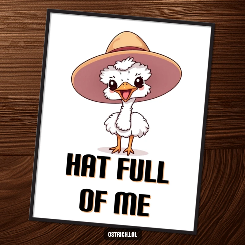 Funny ostrich poster showing a cute character joyfully sticking its head out of a large hat, perfect wall decor.